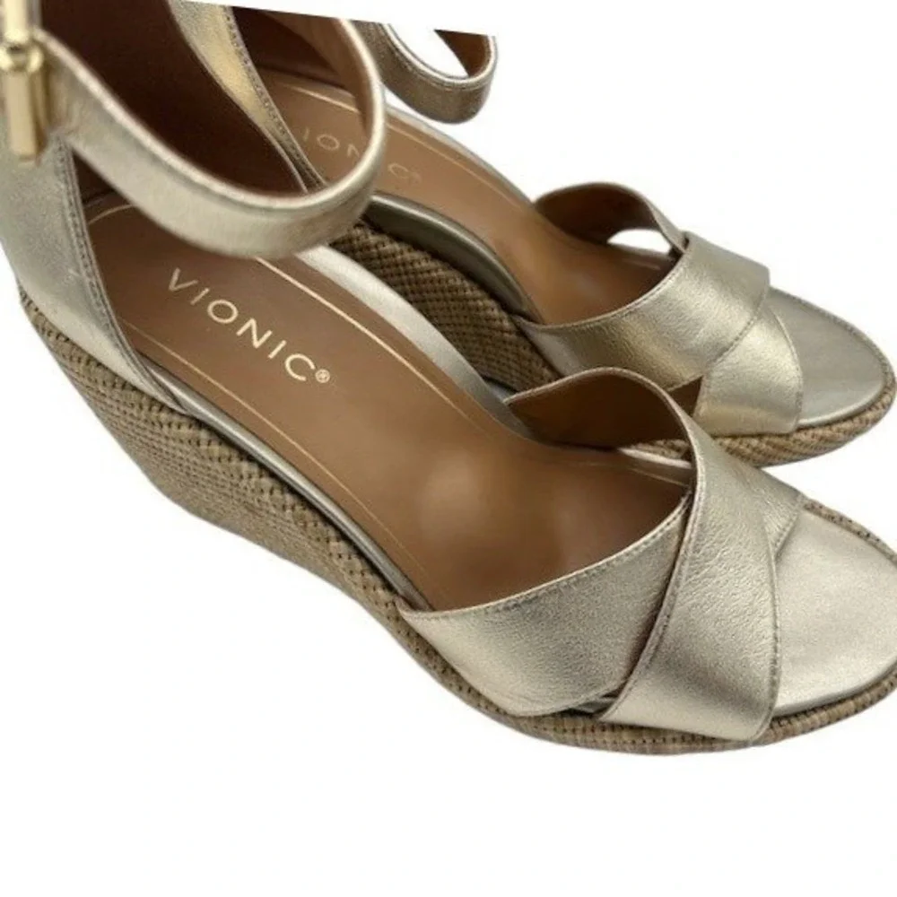 Vionic Marina Wedge Sandals Women's Size 9 Gold Metallic Leather AnkleEspadrille